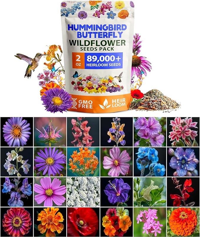 HOME GROWN Premium Wildflower Seeds 89,000+ Count - 23 Non-GMO USA Native Varieties for Bees, Butterflies & Birds - Perennial Wildflower Seed Mix Bulk 2oz - for Full Sun & Shade Gardens