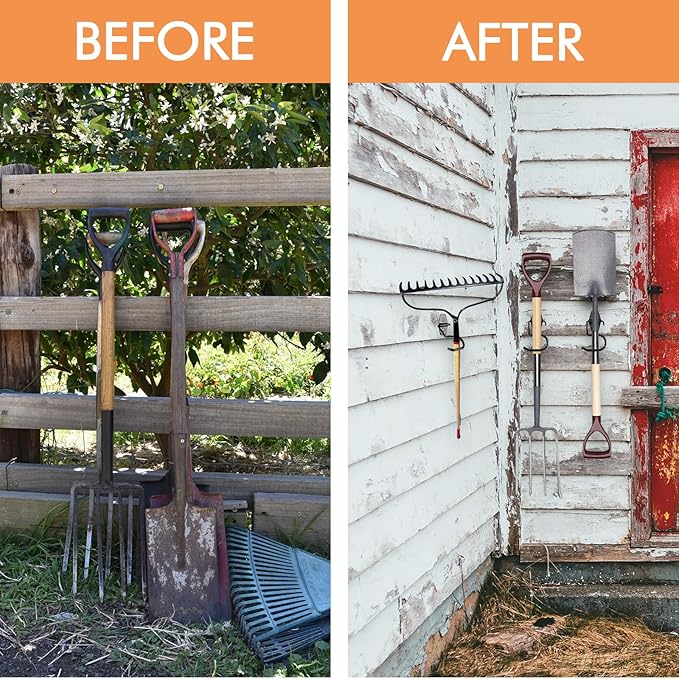 LIGHT DUST Broom Holder Wall Mount - 12 Pack Tool Hangers Garage Wall Hanging Organizer - Heavy Duty Metal Large S Hooks for Mop Shovel Rake Shed Garden Lawn Yard Handle Tools Organization (Black)