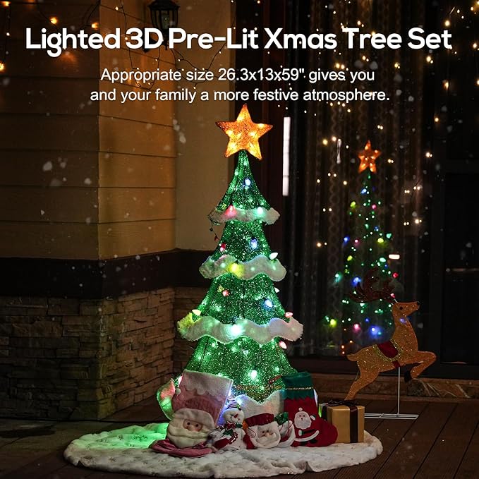 Hykolity 5 ft. Christmas Tree with Star Topper, Metal Frame Outdoor Decor, Multi-Color Bulbs + Green LEDs, Lighted Holiday Displays