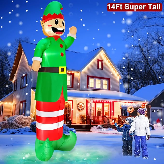 14 Ft Super Tall Christmas Inflatable Elf, Christmas Inflatables Decoration Outdoor Blow Up Giant Santa Elf with Built-in LED Lights Inflatable Christmas Decoration for Yard Outside Garden Lawn