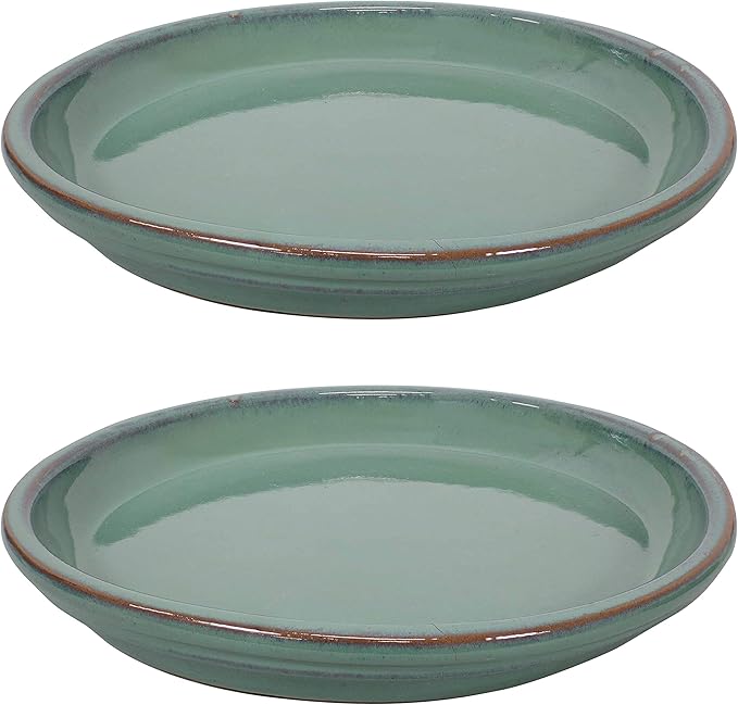 Sunnydaze 12-Inch Ceramic Plant Saucers - Plant Drip Trays for Outdoor Planter Flower Pot Drainage - Set of 2 - Seafoam
