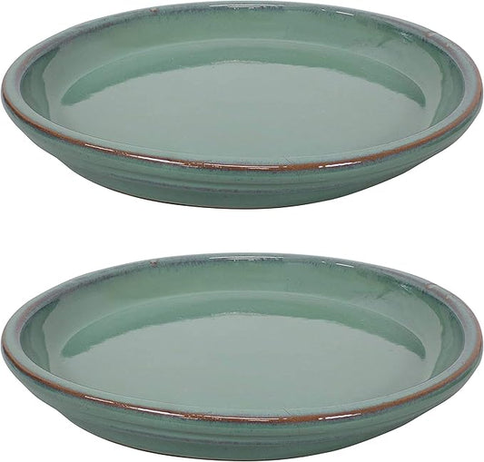 Sunnydaze 12-Inch Ceramic Plant Saucers - Plant Drip Trays for Outdoor Planter Flower Pot Drainage - Set of 2 - Seafoam