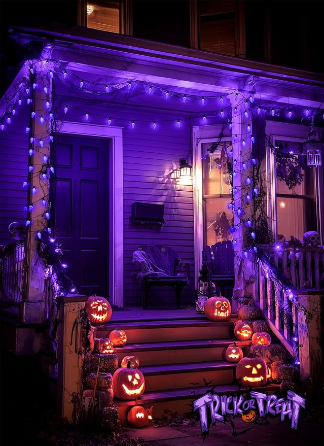 Brightown Halloween C9 LED Purple String Lights, 114FT 150 LED Halloween Lights with Timer & 8 Modes, Plug-in Waterproof Connectable Outdoor Lighting for House Patio Yard Porch Roof
