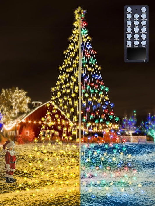 Lomotech Color Changing Christmas Tree Lights - 16Ft 664 LED with 10.5" Topper, Remote Controll Waterproof Iron Pole Waterfall Lights for Outdoor Christmas Decorations (Warm White to Multicolor)