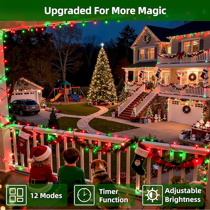 300LED Chrstmas Lights, 75ft Indoor Outdoor Christmas String Lights with 12 Modes, Red & Green ChristmasTree Lights with Timer Dimmable Connectable for Fence Garden Wedding Party Decor Red & Green