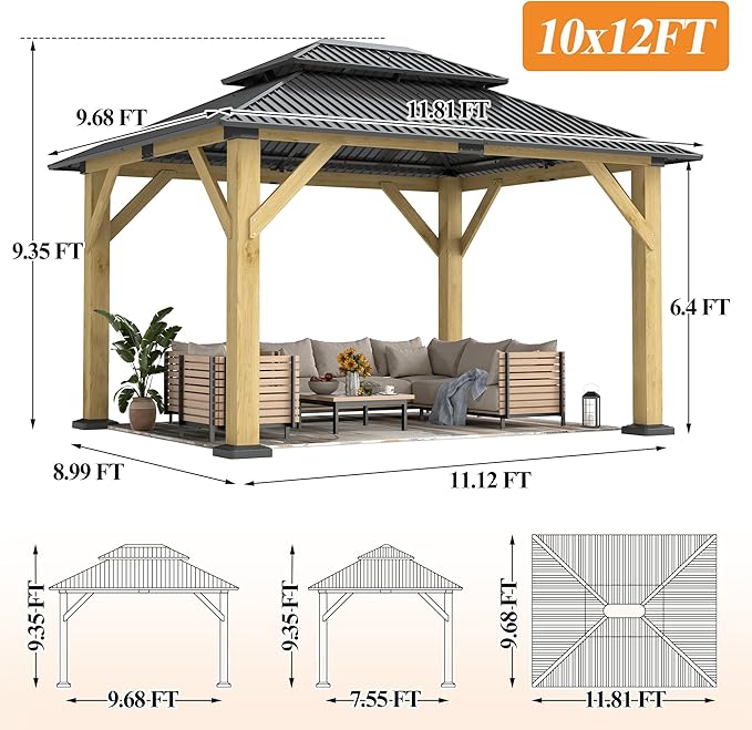 GARTOO 10' x 12' Outdoor Wooden Gazebo - Patio Hardtop Gazebo Permanent Wooden Pavilion with Galvanized Steel Double Roof, Wood Gazebos for Garden, Lawn, Poolside, Backyard Deck