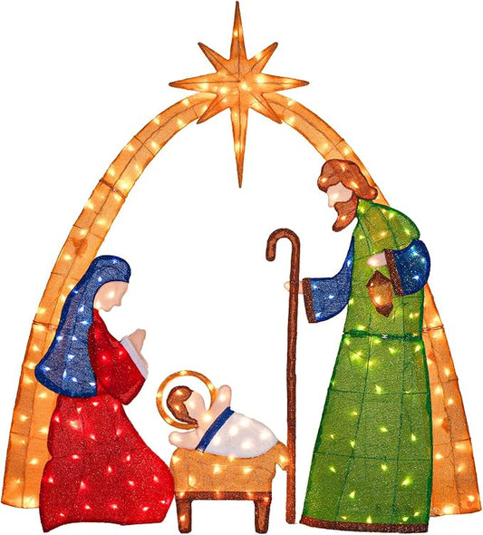 Hykolity 6FT 2.5D Nativity Scene Lighted Outdoor Christmas Decoration, 210 Warm White LEDs with Outdoor Transformer, Stained-Glass Fabric Figures & 5ft Pull Cord, Yard Decor