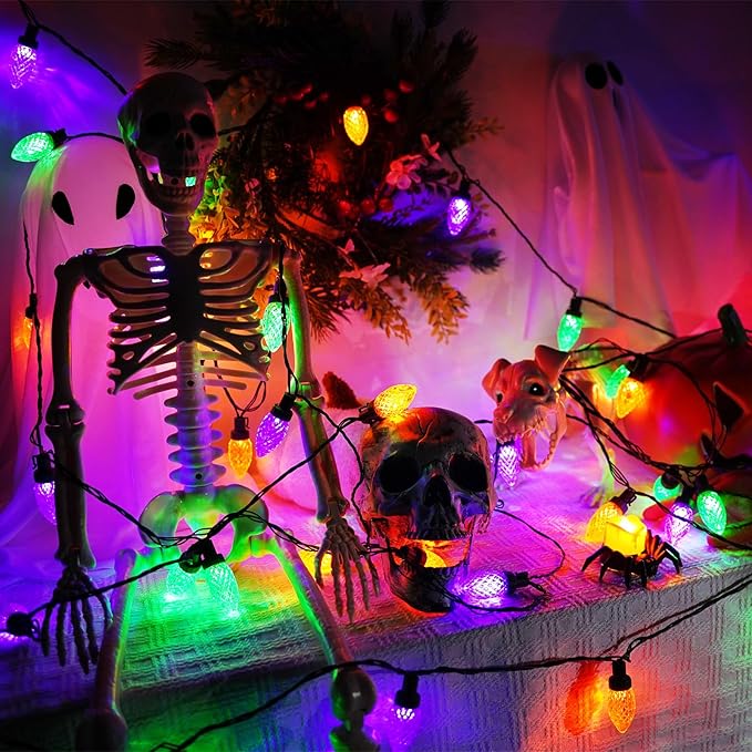 KAQ 2PK 100LED Orange Purple and Green C9 Halloween Lights Waterproof Indoor Outdoor, Extendable 98FT String Lights Plug in with 13 Lighting Modes, Halloween Decorations for Party, Outside Yard Decor