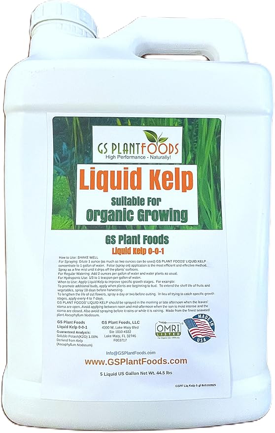 GS Plant Foods Liquid Kelp Fertilizer – Suitable for Organic Growing, OMRI Listed Seaweed Concentrate for Lawns, Gardens & Soil - 5 Gallons