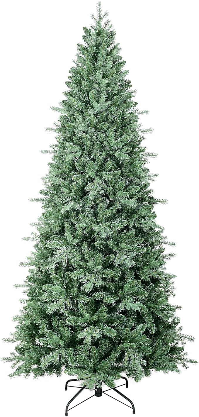 6 FT Artificial Skinny Christmas Tree,Unlit Blue Spruce Slim Pencil Xmas Tree with 1205 PE&PVC Mixed Branch Tips,Hinged Pine Tree with Metal Stand for Home Office Décor