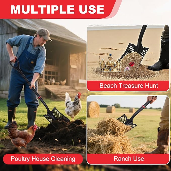 SHARK ATTACK Heavy Duty Sifting Shovel, 45 Inch Powder Coated Steel Mesh Shovel with D-Grip Handle for Beach, Soil & Chicken Coop, Farm Goat Stall Sand Poop Cleaning