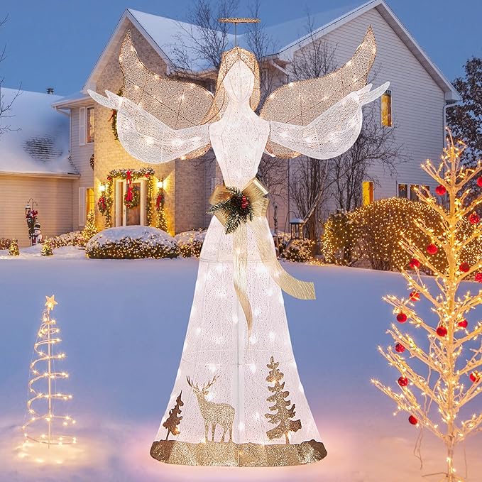 Tangkula 5 FT Lighted Christmas Angel, Outdoor Pre-lit 3D Glittered Angel with 100 Warm White Lights, Halo, Bow, Ground Stakes, Outdoor Christmas Decoration for Lawn Yard Garden