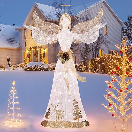 Tangkula 5 FT Lighted Christmas Angel, Outdoor Pre-lit 3D Glittered Angel with 100 Warm White Lights, Halo, Bow, Ground Stakes, Outdoor Christmas Decoration for Lawn Yard Garden