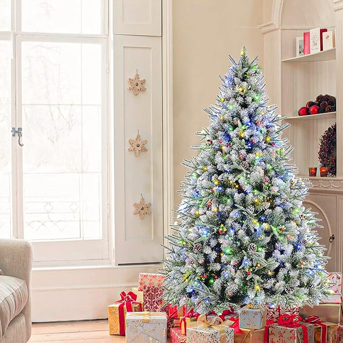 SHareconn 6.5ft Pre-Lit Flocked Spruce Artificial Hinged Christmas Tree with Remote, Timer and 400 Warm White & Multi-Color Lights, 1062 Branch Tips, Perfect Choice for Xmas Decoration, 6.5 FT, White