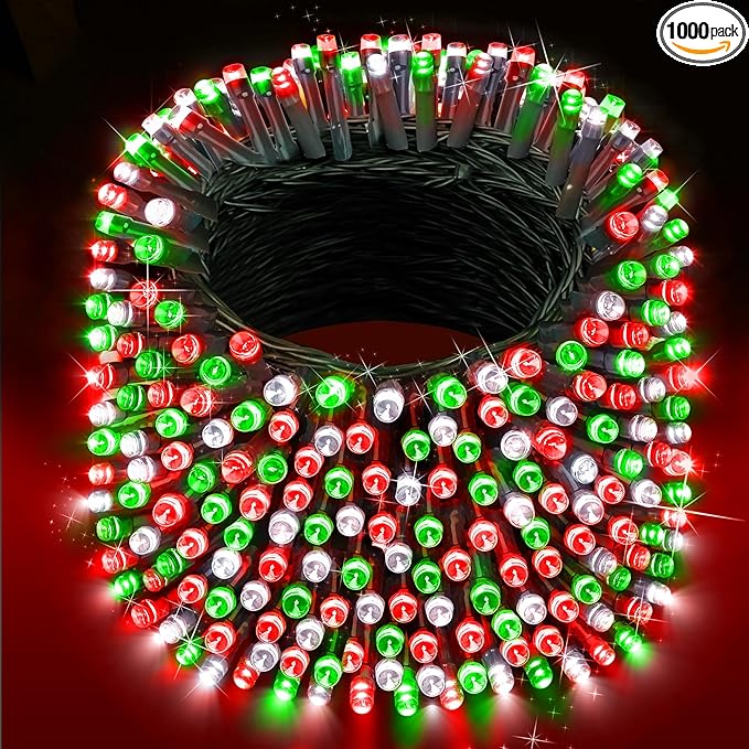 XURISEN 403FT 1000 LED Christmas Lights Outdoor Green Wire String Lights 8 Modes with Timer Memory Waterproof Fairy Light Plug in for Xmas Tree Wedding Yard Party Holiday Decorations(Red+Green+White)