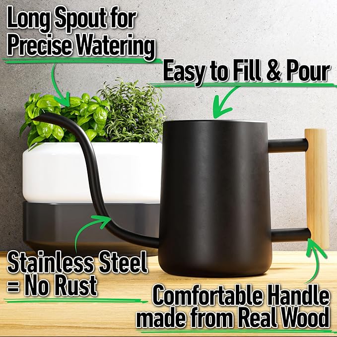 35 Ounce Metal Small Indoor Watering Can with Long Spout & Real Wood Handle for House Plants, Succulents, Cacti & Seedlings - Black Long Spout Watering Can Indoor Plants - Gentle Flow & No Spills
