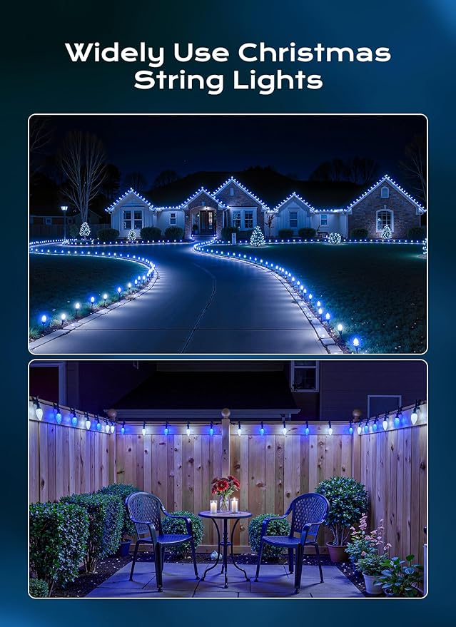 C9 Christmas Lights Outdoor, 66 FT 100 LED Connectable C9 String Lights with 8 Modes and Timer Xmas Tree Patio Roofline Garden Yard Holiday Party Indoor Outdoor Decoration, Blue and White