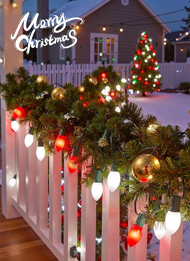 Vintage C9 LED Christmas Lights Outdoor, 100 Feet C9 String Lights with 100 Shatterproof C9 Bulbs, Waterproof Connectable Christmas Tree Lights for Outside Roofline Patio Xmas Decor, Red & Pure White