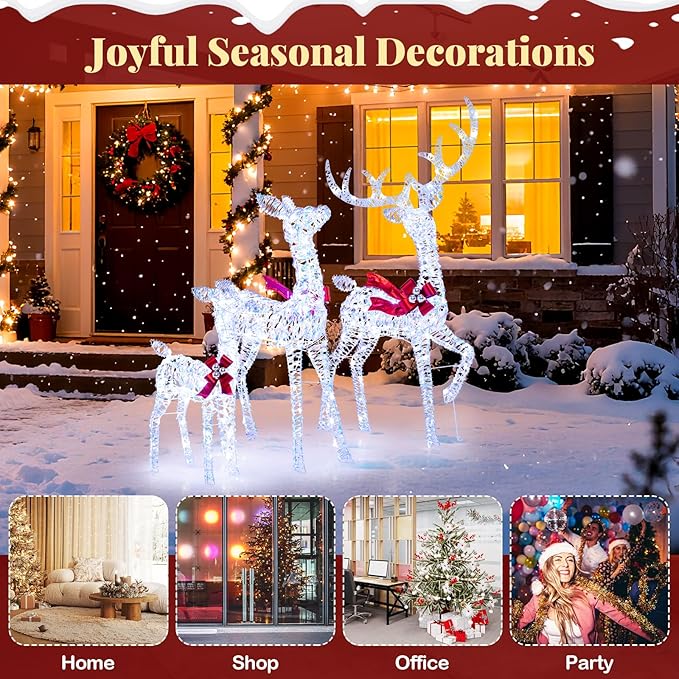 Tangkula 3-Piece Christmas Lighted Iridescent Reindeer Family Set, Pre-lit Xmas Deer Family with 215 Cold White LED Lights, Ground Stakes, Lighted Holiday Decoration for Indoor, Outdoor