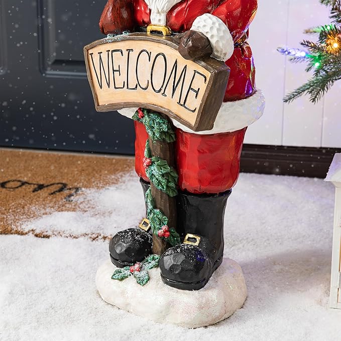 Glitzhome 28''H MGO Christmas Santa Porch Decor, Xmas Winter Wall Yard Standing for Patio Front Porch Indoor Outdoor Home Welcome Sign Decor