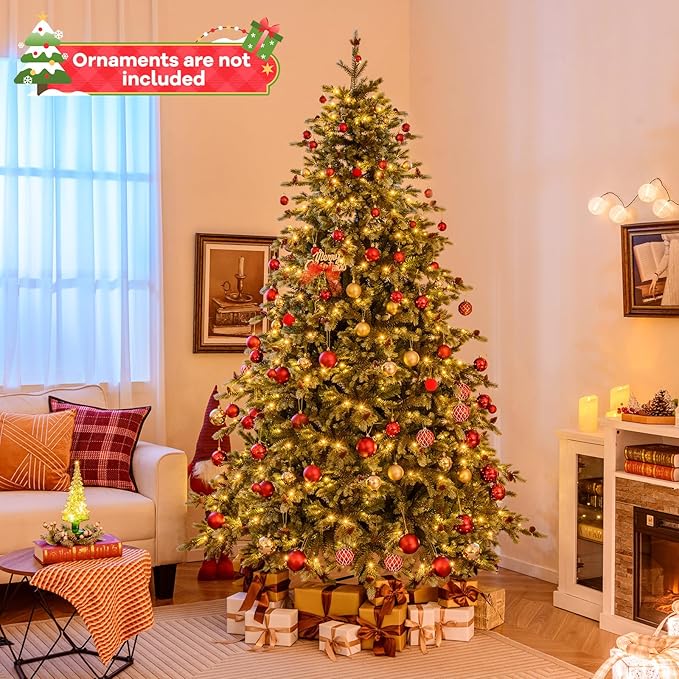 GOFLAME 8FT Pre-Lit Christmas Tree, Artificial Xmas Tree with 1226 Branch Tips, 89 Pine Cones, 410 Warm White LED Lights, 8 Lighting Modes, Holiday Decoration Tree for Home, Shop & Office