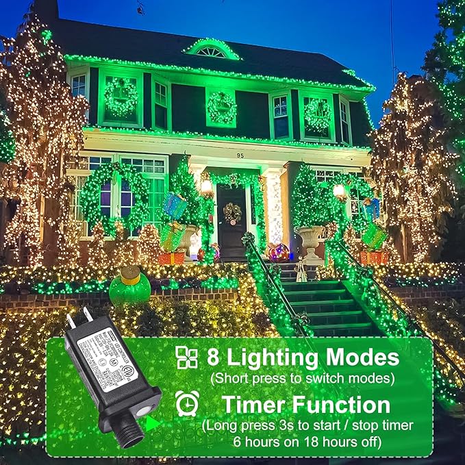 100FT 300 LED Christmas Lights Outdoor, Green Christmas String Lights with 8 Modes, Waterproof Twinkle Tree Lights Green Wire for Patio Indoor House Garden Party Holiday Decorations