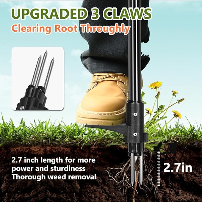 SHANTRA Weed Puller Tool, 3-Claw Stand Up Weed Puller Tool with Long Handle, Garden Weeder Puller Heavy Duty Stand Up Weeder, Weeding Tool for Lawn, Yard, Garden, Crabgrass, Dandelion Picker