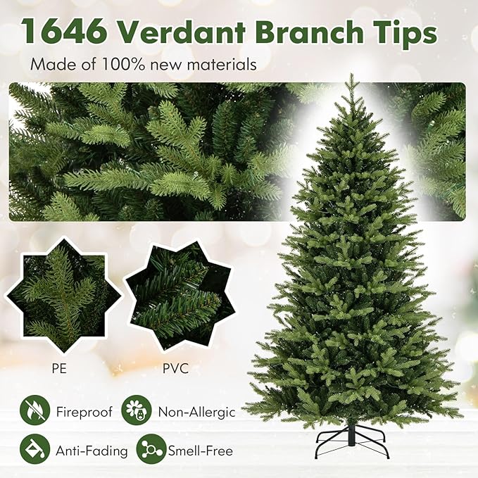 Happygrill 7 FT Pre-Lit Artificial Christmas Tree, Hinged Xmas Tree w/1646 Branch Tips, 470 LED Lights, 11 Lighting Modes, 3 Auto Timers, 4-Level Brightness & Remote Control, Decoration Tree for Party