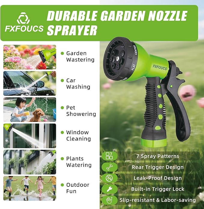 Garden Hose Nozzle Sprayer– this high heavy-duty spray nozzle offer 7 watering patterns for watering plants, lawns & gardens, washing cars, household cleaning and showering pets. (Green)