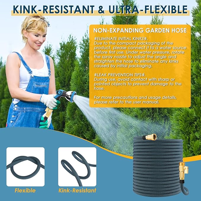 Non-Expanding Garden Hose 75 ft, Flexible Water Hose with 10 Function Spray Nozzle, Lightweight Hose Pipe, Leak-Proof, Durable, Kink-Resistant, 3/4 Inch Connector, Portable Storage Strap