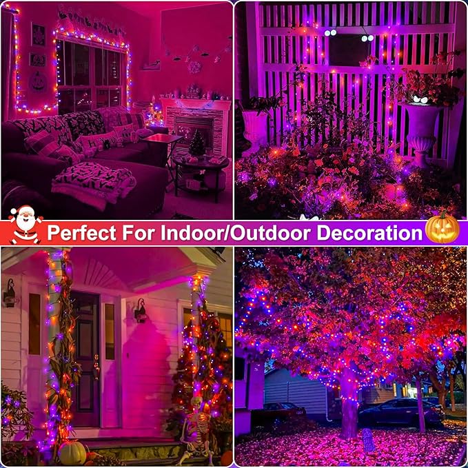 2 Pack Halloween Lights Outdoor, Total 200FT 600 LED Purple Orange String Lights for Outside with 8 Modes Waterproof, Plug in Halloween Decorations for Indoor House Patio Garden Party Holiday