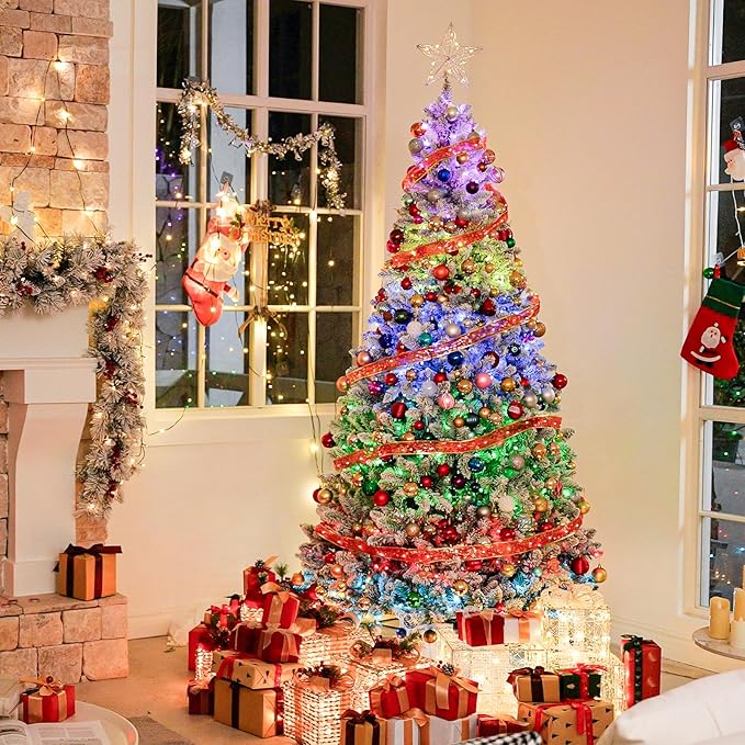 Hykolity 7.5 ft Prelit Snow Flocked Christmas Tree with Remote Control, 1446 PVC Branch Tips, Artificial Hinged Christmas Tree with 450 Multi-Color RGB Lights for Home, 15 Modes