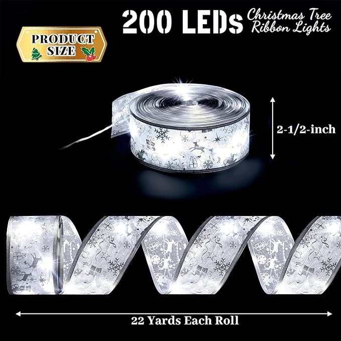 Christmas Decorations - 2.5Inch x 66Ft 200 Led Christmas Tree Ribbon Lights with 8 Lighting Modes, Battery Operated & USB Powered Fairy String Lights with Timer for Xmas Tree Decor