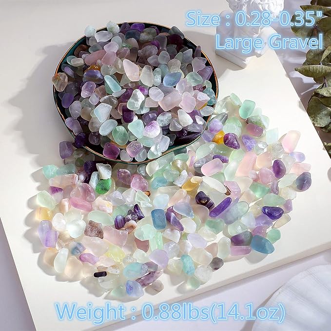QINJIEJIE Fluorite Crystal Gravel Stones Tumbled Stone Polished Rocks Colorful Crushed Reiki Healing Quartz Home Decoration Aquarium Tank Succulent Vase Filler Landscape Bottom Ornament 0.88lbs 14oz