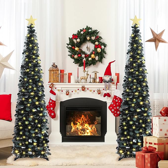 HMASYO 6 FT Pop Up Christmas Tree with 100 LED Lights & Remote, Black Christmas Tinsel Tree, Collapsible Artificial Pencil Tree for Home Office Party Decor, USB Powered Timer Lights, Easy Assembly