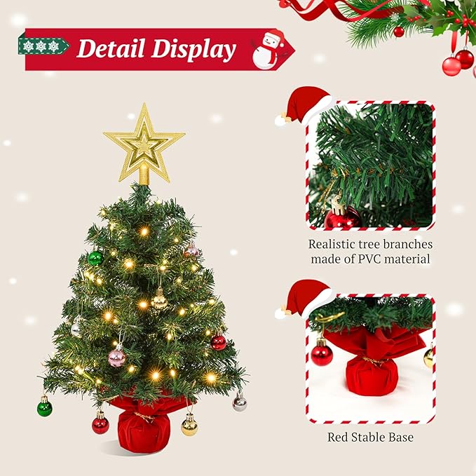 Uten Mini Christmas Tree Small Christmas Balls 28Pcs, Treetop Star 50 LED Waterproof Battery Box with Red Cement Base Christmas Decorations for Home, Office, Party