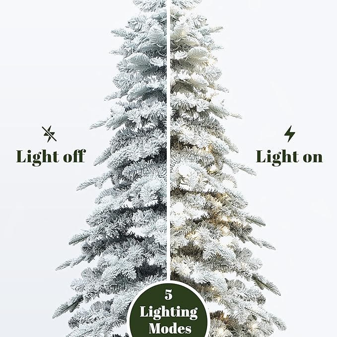 LuxenHome 7FT Flocked Christmas Tree with Lights, Downswept Slim Prelit Christmas Tree with 400 Adjustable LED Globe Lights, 1196 PE+PVC Tips, Lighted Xmas Trees for Holiday Decoration
