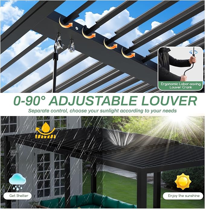 LVUYOYO Outdoor Louvered Pergola 10' x 20' with LED String Lights, Aluminum Pergola with Adjustable Roof, Waterproof Metal Gazebo for Patio, Backyard, Garden, Deck (10x20FT with Lights)