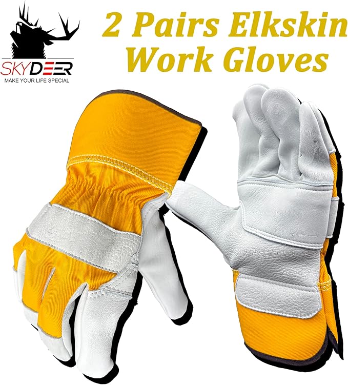 SKYDEER Premium Wild Elkskin Leather Work Gloves for Men (2 Pairs Large), All-Weather Durable & Breathable, Anti-Slip Grip for Heavy-Duty Labor, Construction, and Gardening