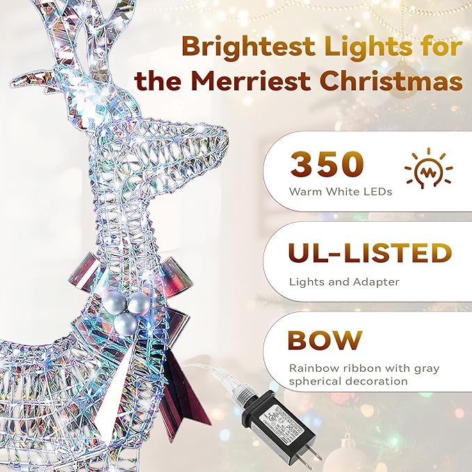 3-Piece Iridescent Christmas Deer Outdoor Decorations, 4.5ft Reindeer Family Set Outdoor Lighted Display with 350 LEDs, 2025 Upgraded Rattan, Stakes & Zip Ties for Long-Lasting Yard Garden Decor
