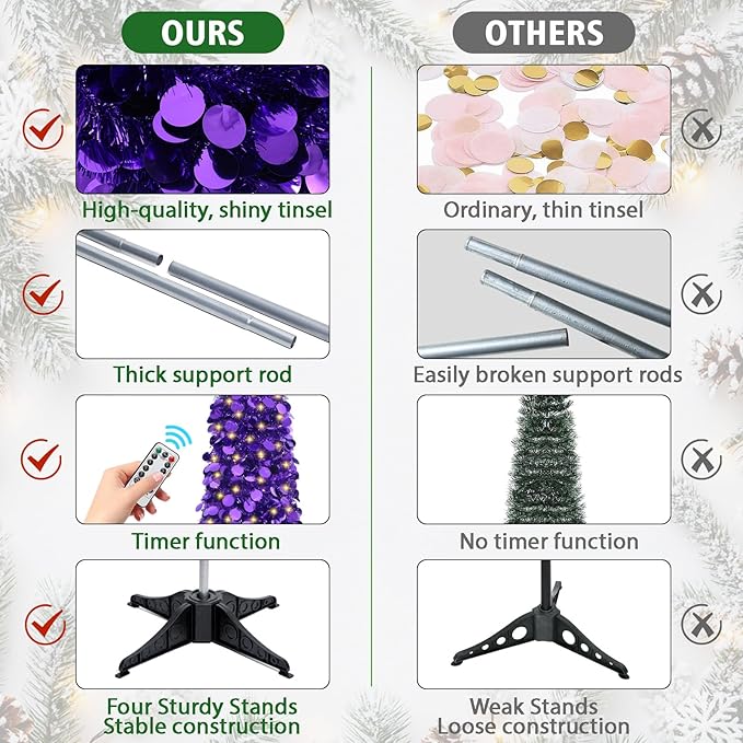 HMASYO 6 FT Pop Up Christmas Tree with 100 LED Lights & Remote, Purple Christmas Tinsel Tree, Collapsible Artificial Pencil Tree for Home Office Party Decor, USB Powered Timer Lights, Easy Assembly
