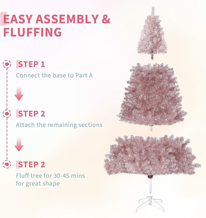 GarveeHome 4.5ft Prelit Artificial Christmas Tree with 150 Warm White Lights, Pre-Lit Snow Flocked Pencil Christmas Tree, Foldable Base,Holiday Decoration for Home, Office, Party,Rose Gold Tinsel