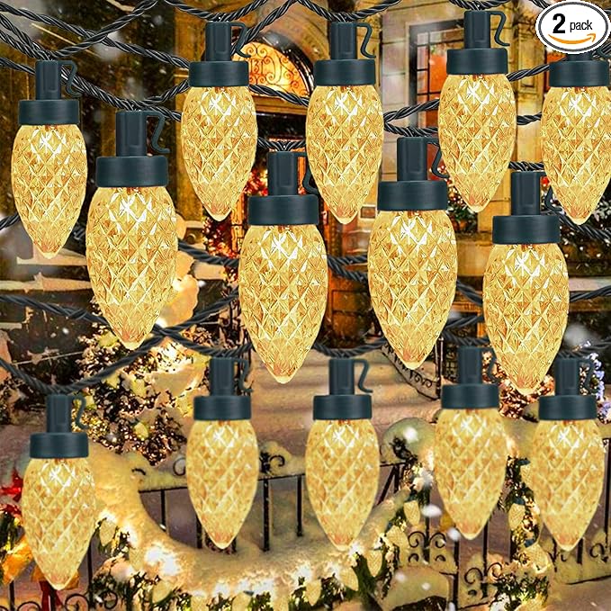 KAQ 2PK 100LED Warm White C9 Christmas Lights Waterproof Indoor Outdoor, 98FT Extendable C9 String Lights Plug in with 13 Lighting Modes, Christmas Decorations for Party Patio, Outside Yard Decor