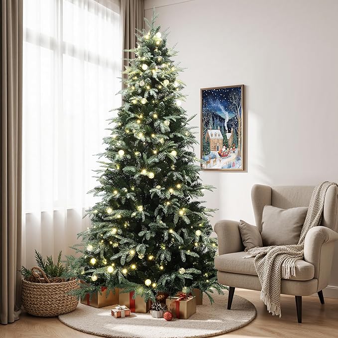 LuxenHome 7.5FT Prelit Christmas Tree with Lights, Green Flocked Artificial Christmas Tree with 400 LED Globe Lights, 2063 PE+PVC Branch Tips, Plug-in Prelit Pine Tree Indoor, Outdoor Holiday Décor