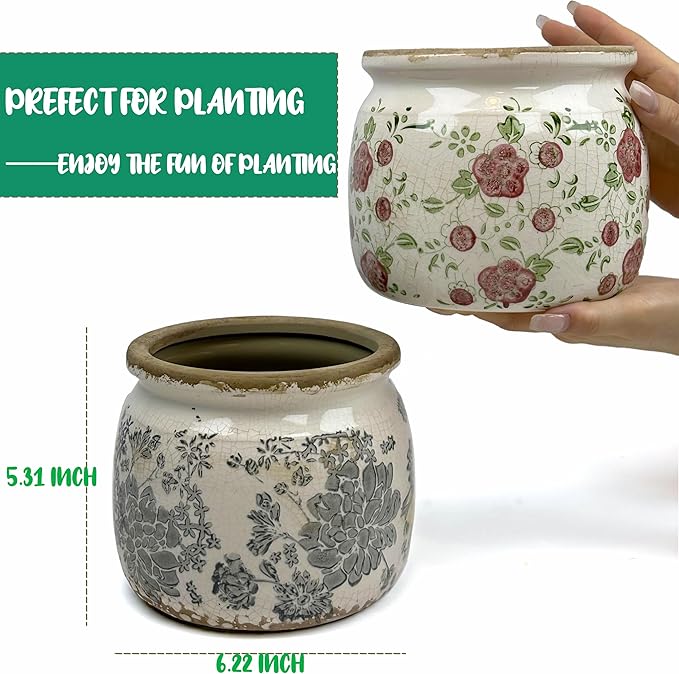 Ceramic Pot for Planter, Vintage Red Plum Flower Pot with Drainage Holes, 6.29 inch Ice Crack Glazed Indoor Planters Pot