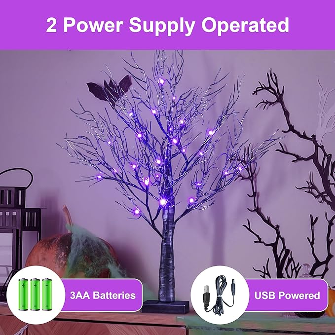 LIGHTSHARE 26IN Halloween Willow Bonsai 20LED Lights Artificial Black Spooky Tree Purple for Home, Festival, Nativity, Party, and Christmas Decoration, Plug in or Battery