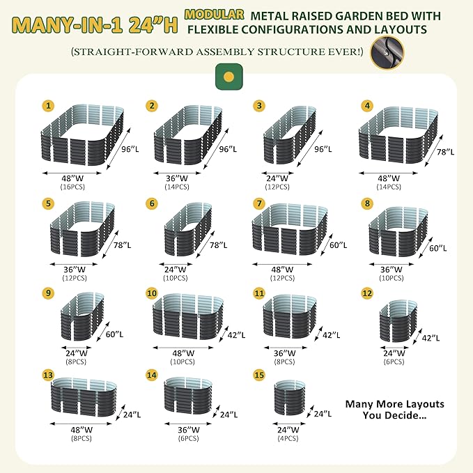 MUPATER 24''H Raised Garden Bed, 8x4FT Galvanized Raised Garden Bed W/ 3 Aluminum Support Rods, Mutli in 1 Modular Raised Planter Box Outdoor for Vegetables, Plants, Grey