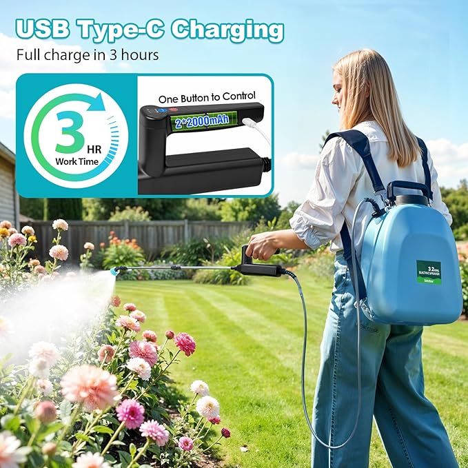 3.2 Gallon Battery Powered Backpack Sprayer, Upgraded Electric Back Pack Sprayer with 3 Spray Speed, Battery Indicator, Rechargeable Handle, 41" Telescopic Wand, 5 Mist Nozzles, for Lawn and Garden