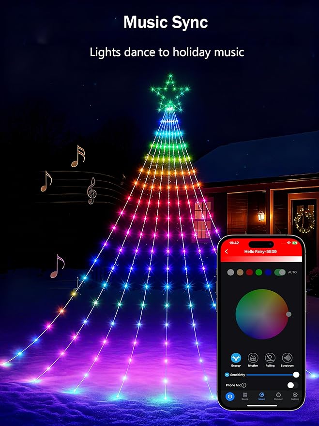 Probro 12ft Outside Waterfall Christmas Tree Lights, App Remote-Controlled RGB Christmas Shooting Star Lights with Music Sync, 85 Dynamic Effects & DIY Mode for Outdoor Xmas New Year Yard Decor