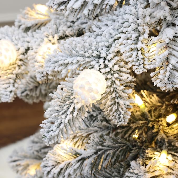 LuxenHome 6FT Flocked Christmas Tree with Lights, Downswept Slim Prelit Christmas Tree with 300 Adjustable LED Globe Lights, 920 PE+PVC Tips, Lighted Xmas Trees for Holiday Decoration